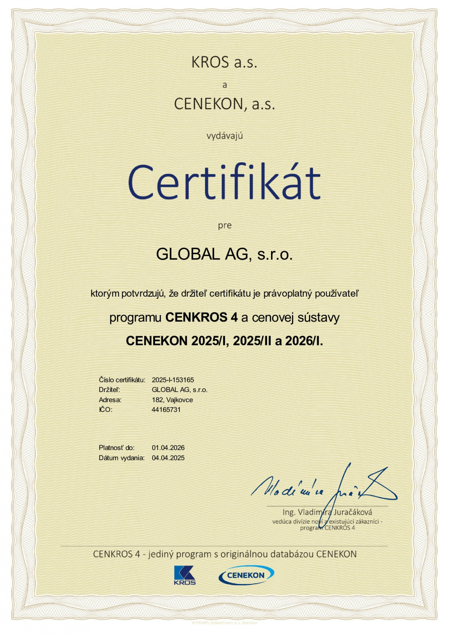 Certifikát CENEKON 2025/I, 2025/II, 2026/I Profil firmy Profil firmy